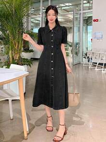 DAZY 夏季優雅西式水洗鉚釘鈕扣泡泡袖襯衫領女款牛仔洋裝 - 黑色 - 查看 3