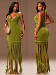 Radiana Olive Green, Deep V-Neck Halter Backless Fitted Dress,70s Elegant Long Tassel Hem Twist Rope Design,Summer Party,Beach Holiday & Nightclub Outfit - Olive Green - View 4