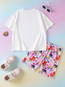 THE POWERPUFF GIRLS X SHEIN Tween Girl Colorful Letter Print Round Neck Short Sleeve T-Shirt And Skinny Shorts Set, - White - View 2
