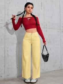SHEIN PETITE 女士带口袋阔腿宽松休闲百搭牛仔裤 - 鵝黃色 - 查看 6