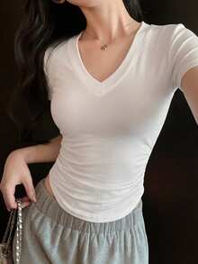 DAZY 女款V領休閒純色修身短袖T恤夏季 - 白色 - 查看 5