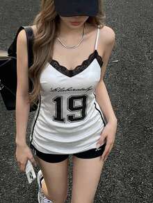 DAZY Women's Satin Digital Print Lace Patchwork Fitted Camisole Tank Top Graphic Tee Vacation Summer - Black and White - View 1