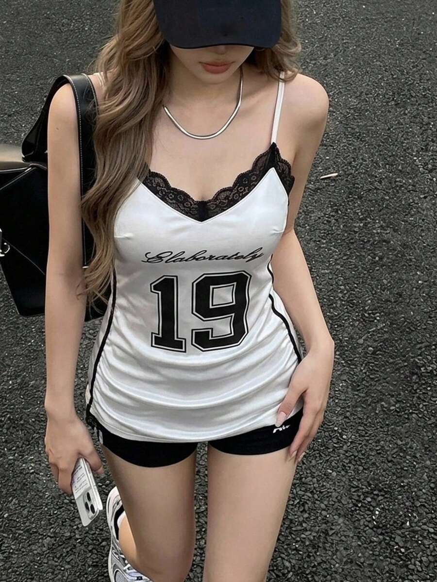 DAZY Women's Satin Digital Print Lace Patchwork Fitted Camisole Tank Top Graphic Tee Vacation Summer - Black and White - View 1