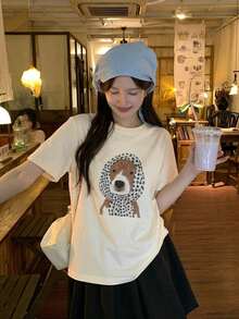 DAZY 女款圓領卡通頭巾小狗韓系風格春夏短袖T恤圖案印花可愛上衣 - 杏色 - 查看 3