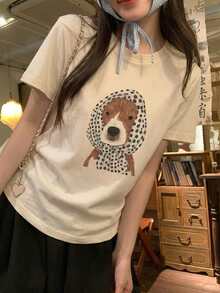 DAZY 女款圓領卡通頭巾小狗韓系風格春夏短袖T恤圖案印花可愛上衣 - 杏色 - 查看 4