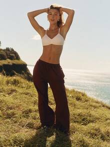 Aralina Women Loose Wide Leg Lounge Pants With Ruffled Elastic Waistband Gym Workout Summer Fall World Cup Watch Part - Burgundy - View 6