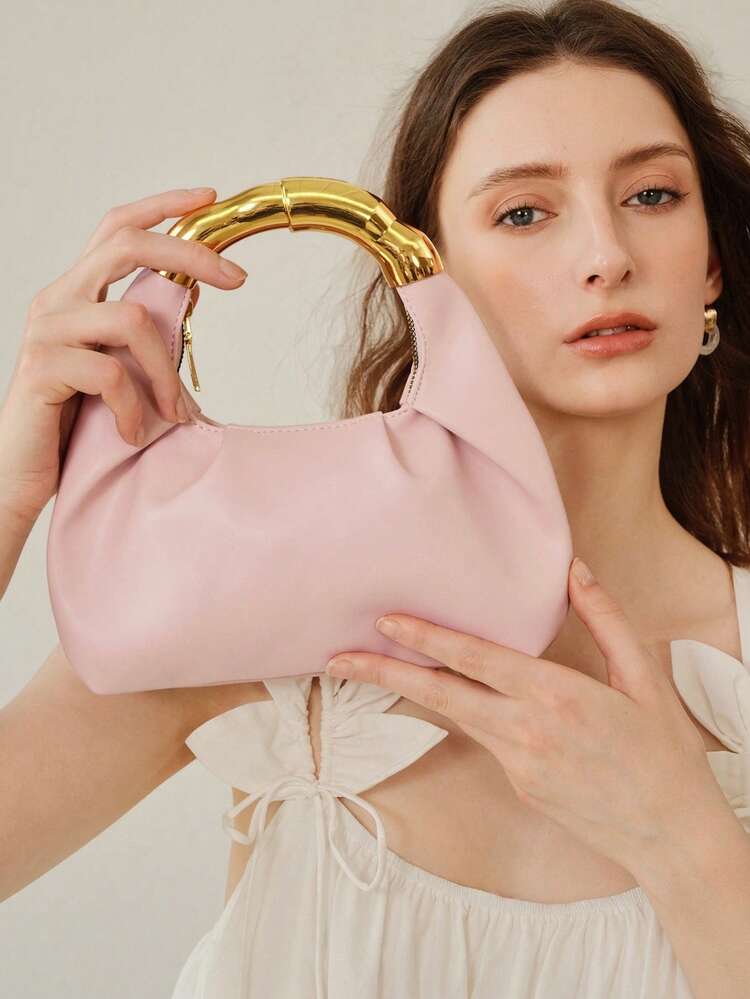 MOTF PREMIUM BOLSO DE MANO DE MODA SUAVE Y PLISADO PARA MUJER, ASA DORADA EXQUISITA, ROSA CLARO FRESCO, ADECUADO PARA USO DIARIO, DESPLAZAMIENTO, COMPRAS, Citas - Rosa Pálido - Añade 5
