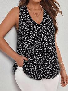 Comfylo Plus Size Women's Ditsy Floral V-Neck Loose Casual Tank Top - Multicolor - View 3