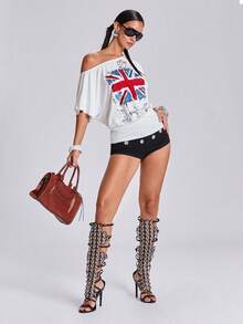 ACID BLVD Summer Y2K Street Style Hot Girl Vintage British Flag Print Pocket Waist-Cinched Loose T-Shirt - White - View 3