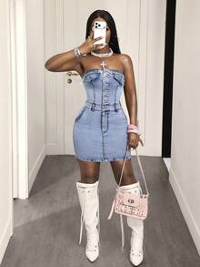 Slaydiva Robe en jean décontractée pour femme pour sorties - Bleu azur - Voir 6