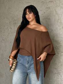 Rustia Plus Size Women's Solid Color Spring/Summer Asymmetric Shoulder Cape Style T-Shirt - Coffee Brown - View 5