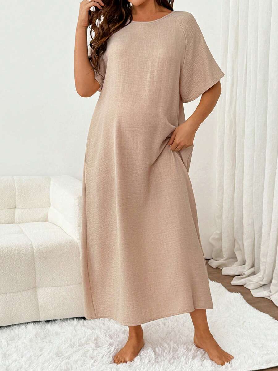 Slowluna Maternity Round Neck Solid Color Casual Daily Wear Maternity Dress Loungewear Pajama Nightgown Robe - Apricot - View 1