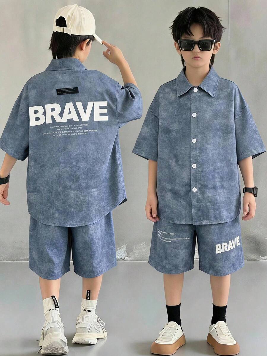 SHEIN 青少年男孩 2件組 嬰兒藍 夏季街頭生活休閒圖案街頭時尚韓版大廓形短袖 Polo 衫、短褲與運動長褲套裝,Y2K - 藍色 - 查看 1