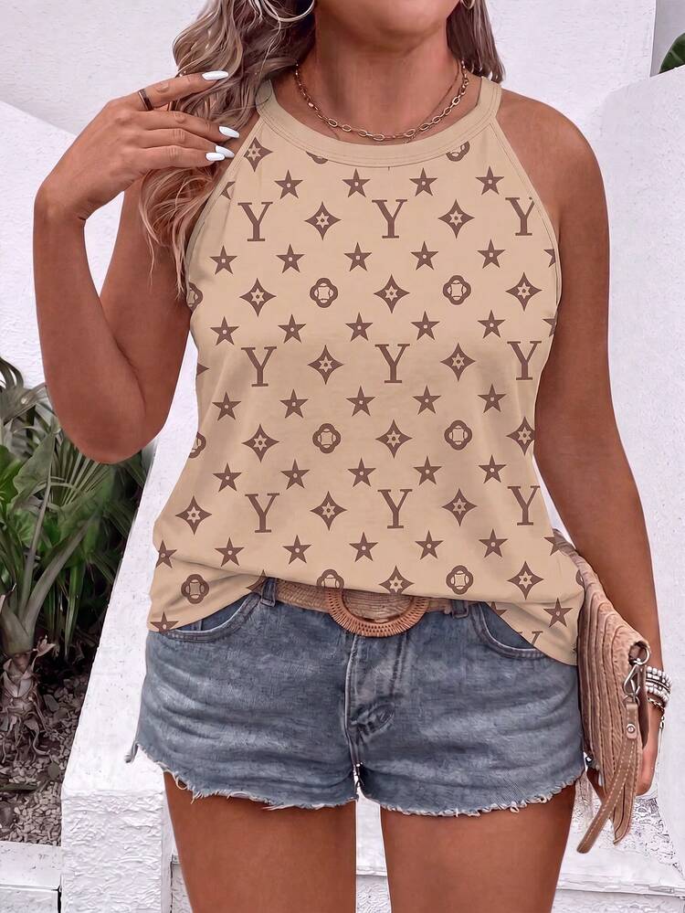 EMERY ROSE Fashion Casual Vintage Khaki Base Floral Print Basic Spaghetti Strap Plus Size Camisole - Multicolor - View 1