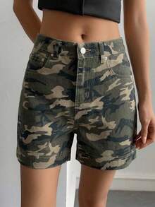 Livesso 女款高腰迷彩休閒棉質牛仔短褲，適合夏季度假與假期 - 軍綠色 - 查看 6