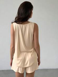Livesso Conjunto de ropa de estar en casa de mujer con top de tirantes de cuello redondo y shorts de color liso, pijama de verano - Naranja Coral - Ver 2