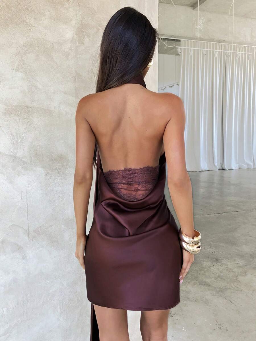 Aloruh Women's Elegant Summer Party Mini Dress,Dark Purple Lace Patchwork Halter Backless Evening Formal Wedding Guest Dresses For Women