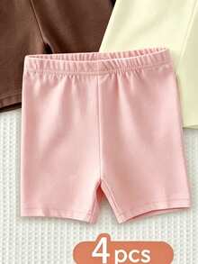 SHEIN Playful Pals 女嬰 4件組多功能純色彈性腰緊身褲/短褲/內搭褲，嬰兒下身套裝 4件組，簡約百搭純色風格，嬰兒下身套裝 4件組 春/夏，春季氛圍，夏季氛圍，舒適自在，時尚女孩套裝，休閒穿著，新風格，春季氛圍 悠閒夏季假期 - 彩色 - 查看 4