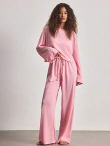 Ocili 2pcs Comfortable Soft Bamboo Knit Round Neck Long Sleeve Top And Pants Women Pajama Set, Summer - Pink - View 4