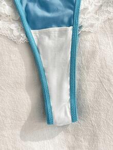 PetitDoll 女款內衣套裝，粉色布料與白色蕾絲飾邊拼接 + 鋼圈 + 蝴蝶結，度假派對，甜美小洋娃娃風格 - 淺藍色 - 查看 4