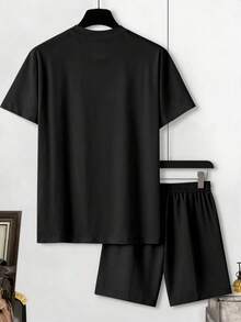 NEOREFINED 男士字母印花牛仔短袖T恤與休閒短褲2件套 - 黑色 - 查看 3