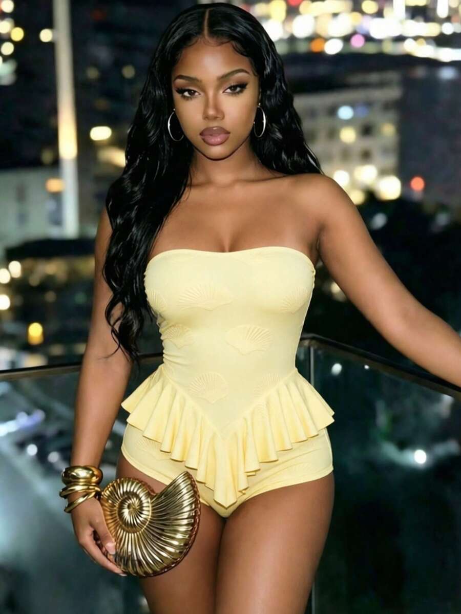 Mistrie Women's Strapless Ruffle Hem Romper Club Party Night Pale Yellow Summer Rave Sexy - Yellow - View 1