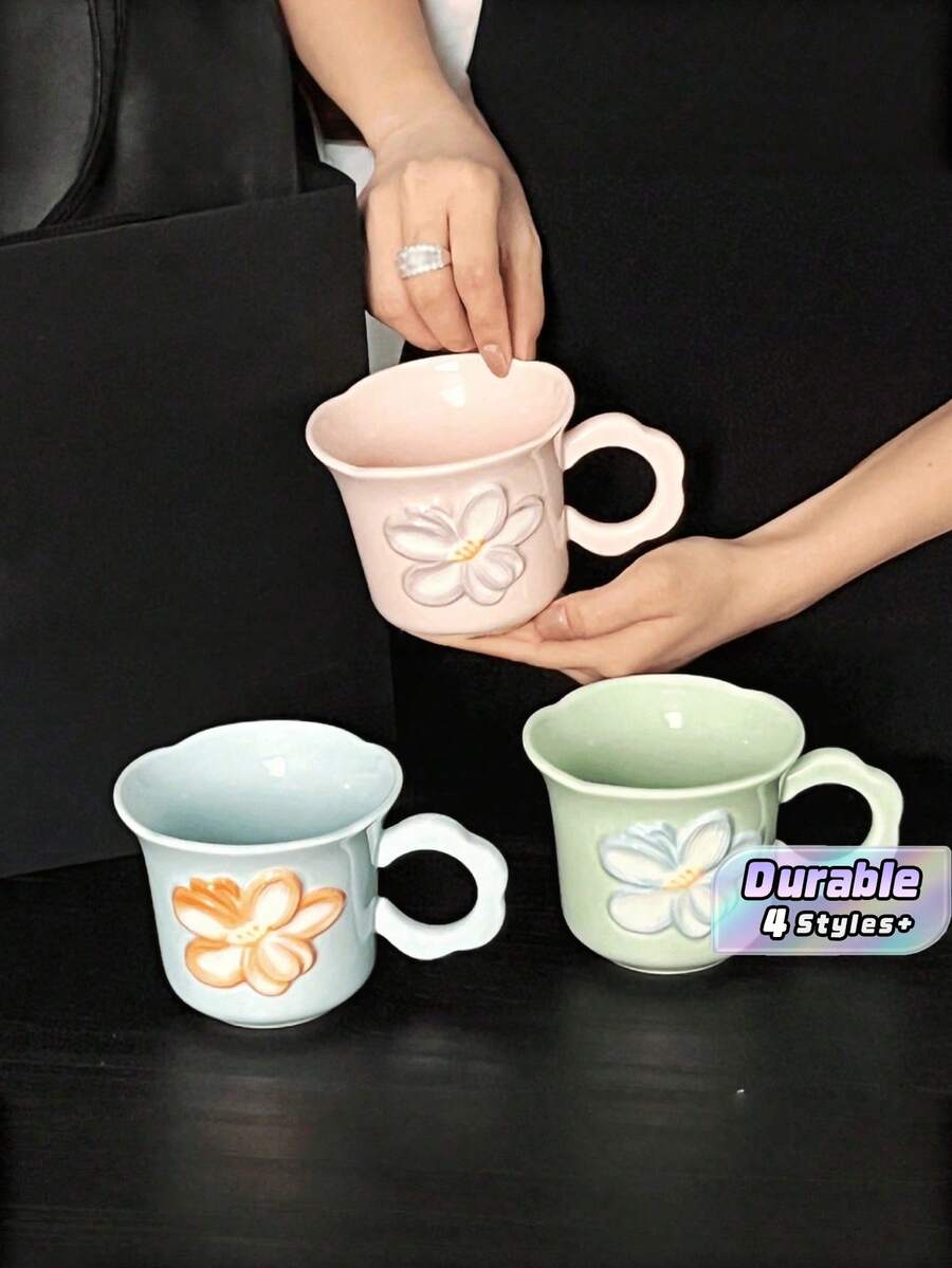 New, Original Hand-Drawn Flower Water Cup, Ceramic, High-Appearance, Pink And Pastel-Colored Coffee Cup, Perfect Gift Item, Creative Cup. - Multicolor - View 1