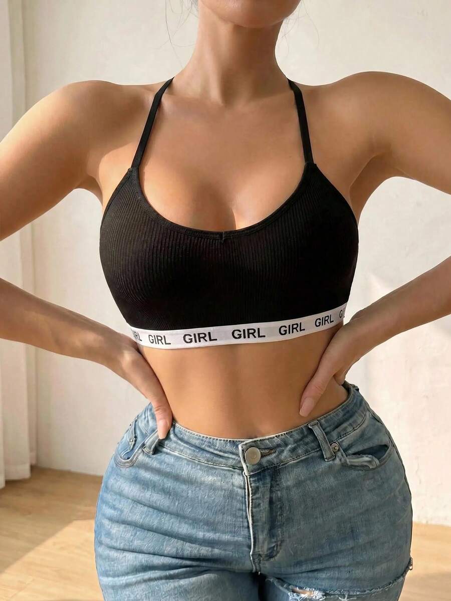 Letter Graphic Wireless Bra - Black - View 1