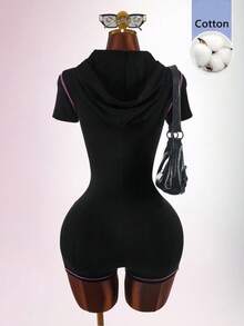 Amplova Rompi Mini Wanita Katun Murni dengan Resleting Depan dan Huruf Inggris, Pas Badan, Model Jumpsuit - Biru - View 5