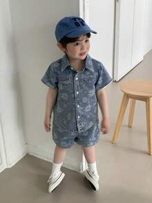 DAZY 嬰兒/幼兒(男童)翻領夏季清爽水洗牛仔襯衫與短褲2件套裝 - 藍色 - 查看 4