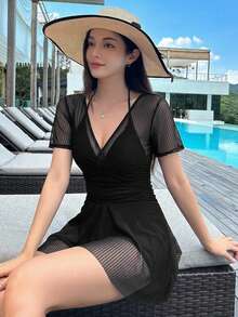DAZY 女款純色短袖網布拼接連身泳衣短褲，適合度假夏季 - 黑色 - View 5
