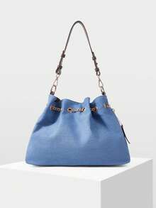 MOTF WOMEN'S FASHION SHOULDER BAG, CASUAL RETRO BLUE SPLICING, EXQUISITE CHAIN TOTE BAG, SUITABLE FOR DAILY, COMMUTING, SHOPPING, VACATION, TRAVEL, VERSATILE - Blue coffee - View 4