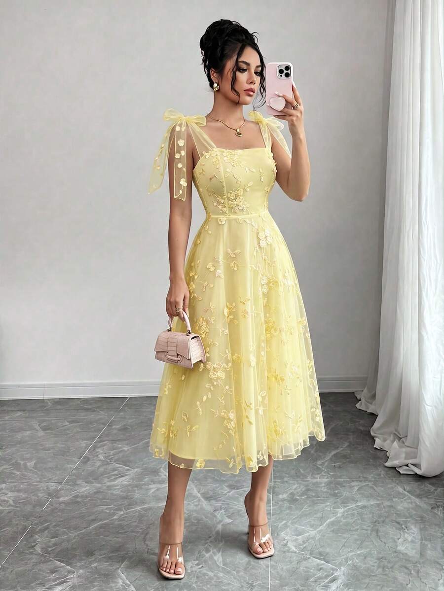 SHEIN Raffinéa 優雅蕾絲提花平口洋裝 - 黃色 - 查看 1