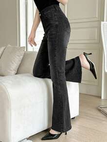 DAZY Jeans acampanados de uso diario casual lavados con bolsillos para mujer - Negro - Ver 6