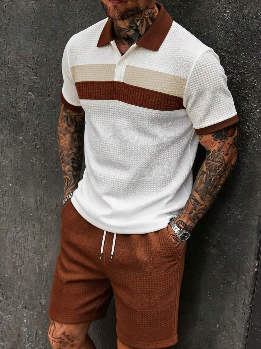 Manfinity CasualCool Men's Casual Contrast Color Polo Shirt And Shorts Set, Summer - Multicolor - View 1