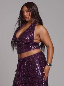 MUSERA Plus Size Sequin Halterneck Plunge Fitted Top Ibiza Festival Sexy Spring Summer Vacation Holiday Elegant Beach Obsidian - Purple - View 3