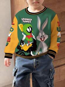 LOONEY TUNES X SHEIN 男童休闲拼色卡通图案圆领保暖卫衣，秋季 - 白色 - 查看 8