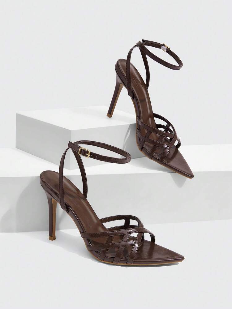 CUCCOO SZL Women Shoes Brown Slim Strap Cross Element Fashion Sexy Ankle Strap Pointed Stiletto Sandals