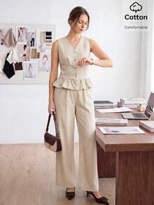 Easowa Women's Single-Breasted Ruffle Hem Vest Smart Casual Sexy French Elegant Business Loose Pocket Wide Leg Pants 2 Pieces Set Office Light Beige Summer - Khaki - View 2