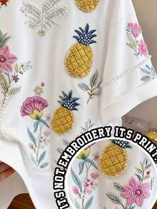 EMERY ROSE White Summer Cute Everyday Holiday Women's T-Shirt Spring Heavily Embroidered 3D Floral Print Loose Round Neck Short Sleeve Mother's Day Gift Vacation - White - View 6