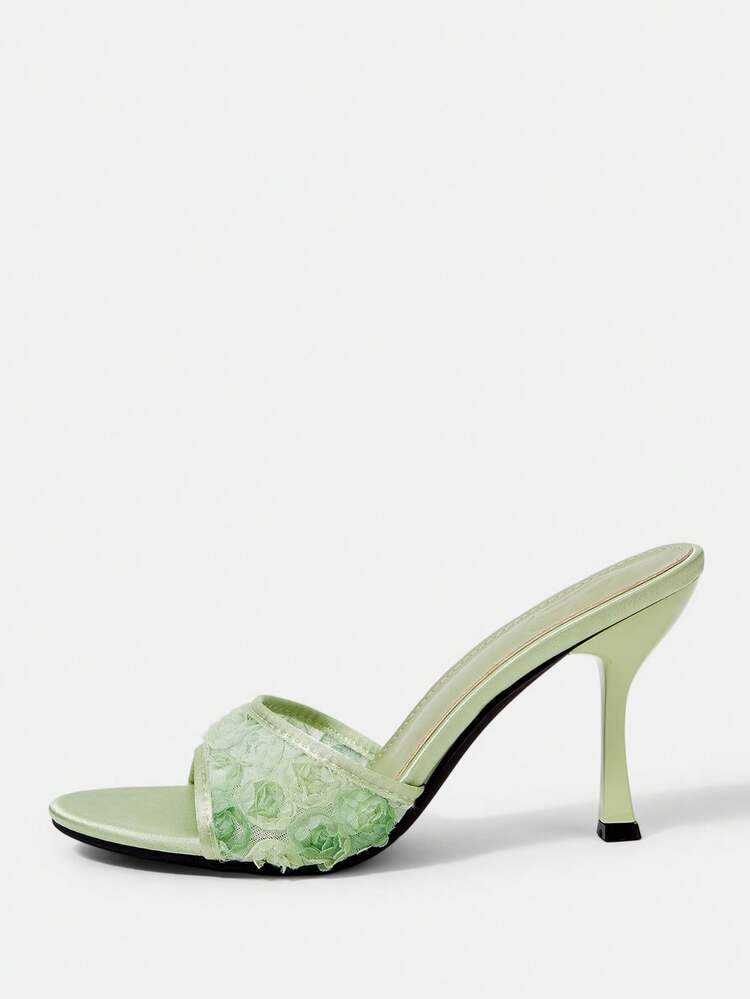 CUCCOO HITCHD Women's Shoes Stiletto Round Toe Flower Mesh High Heels Light Green Satin High Heels Sandals Fashionable And Elegant Slingbacks Dating Afternoon Tea