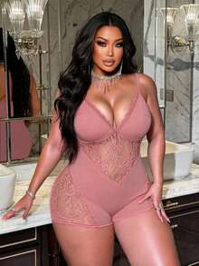 NU&NOW Plus Size Women Deep V Neck Spaghetti Strap Romper - Dusty Pink - View 3