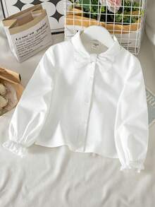 Young Girl Young Girl Woven Solid Color 3D Bow Casual Shirt - White - View 4