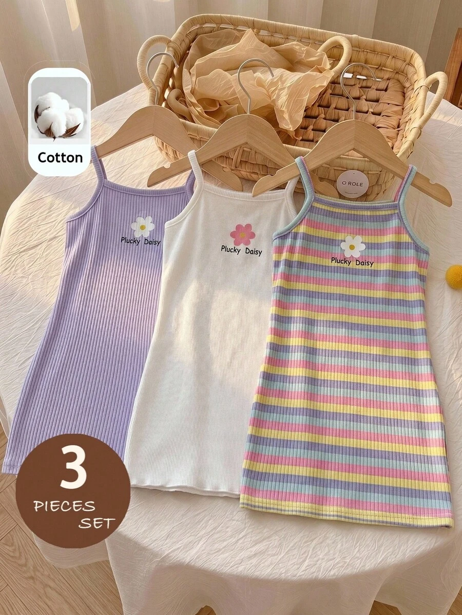 LMoss Kids Baby Girl Knitted Solid Color Striped Floral Pattern Camisole Dress 3pcs Set - Multicolor - View 1