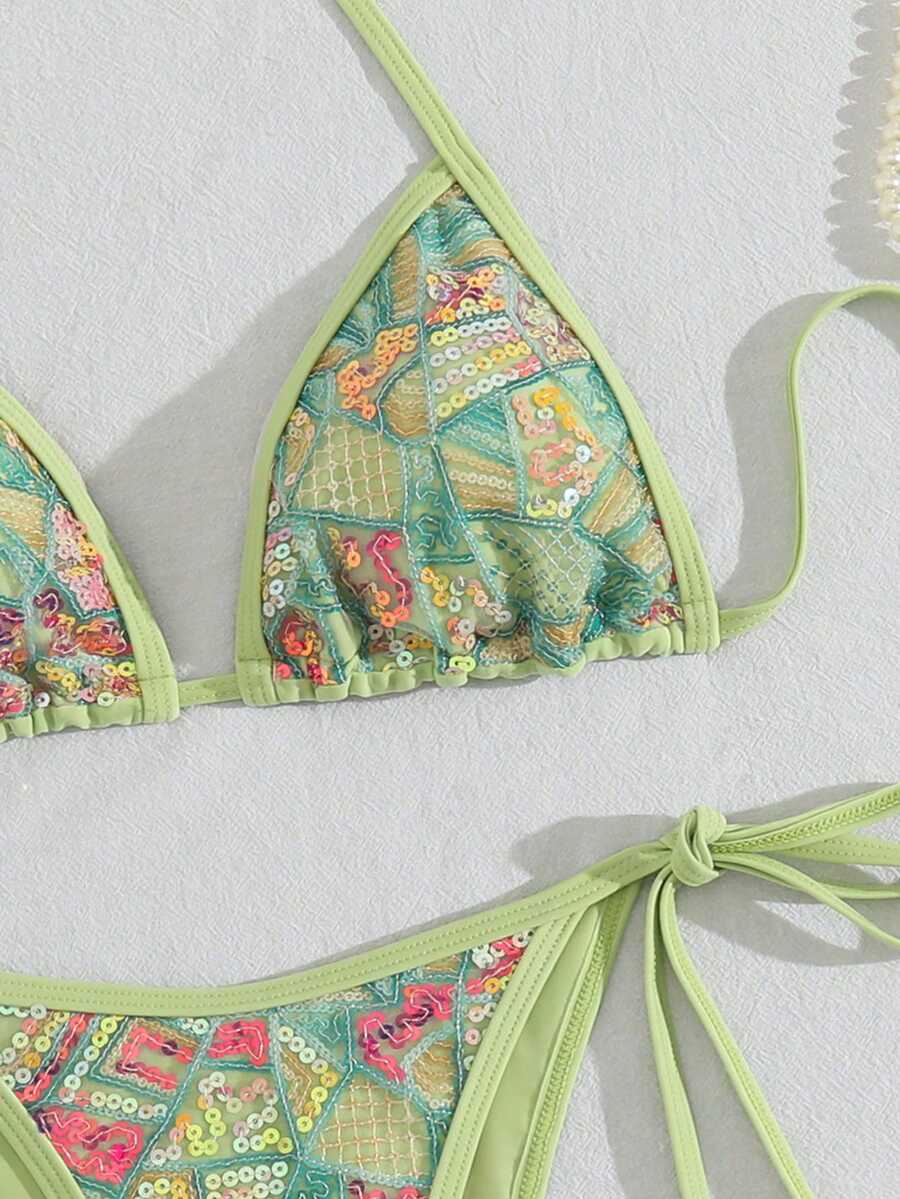 Costavie Bộ bikini nữ sexy 2 món cho kỳ nghỉ xuân/hè, áo bikini tam giác cổ yếm vải vân sequin và quần bikini buộc dây bên hông - Màu xanh Bạc hà - Xem 1