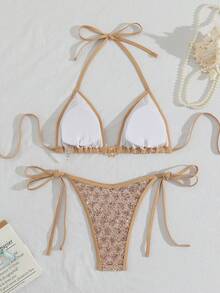 Bonvoyette 2件組春夏海灘度假亮片紋理布料金色太陽飾品掛脖三角比基尼上衣與側綁比基尼褲性感比基尼套裝 - 彩色 - 查看 2