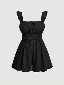 SHEIN MOD Plus Size Avocado Green Cute Ruffle Detail Center Front Strap Wooden Bead Decoration Romper In Gray Green - Black - View 1