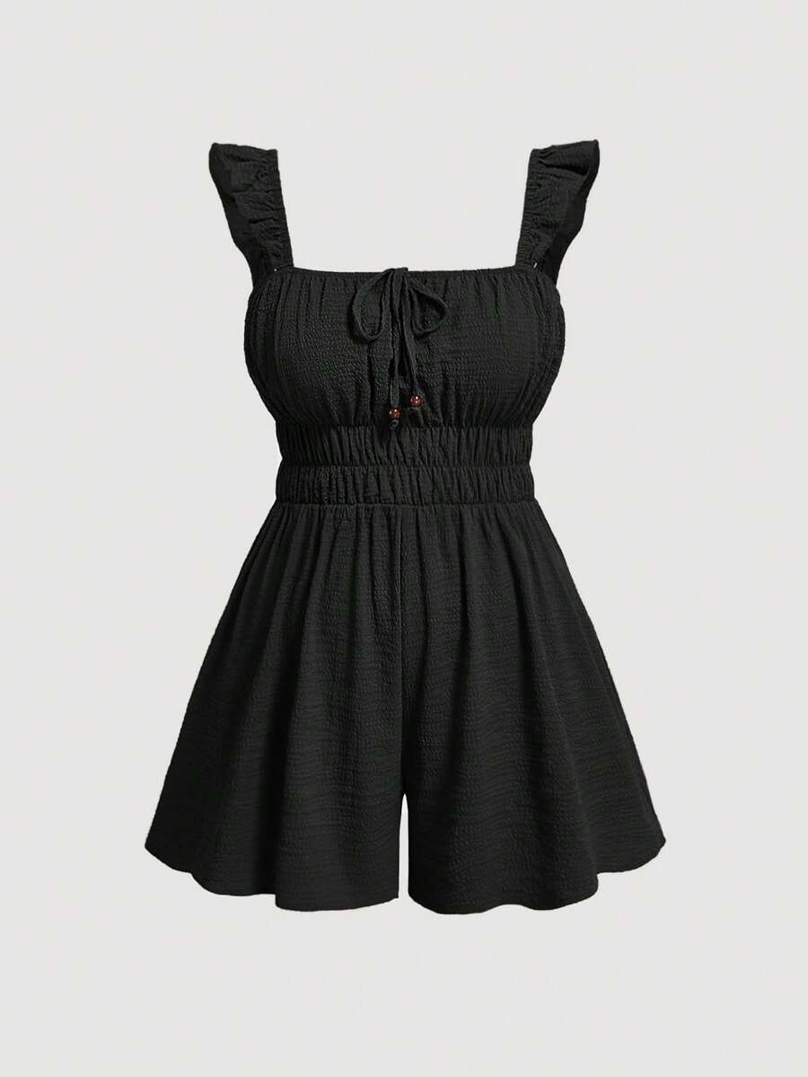 SHEIN MOD Plus Size Avocado Green Cute Ruffle Detail Center Front Strap Wooden Bead Decoration Romper In Gray Green - Black - View 1