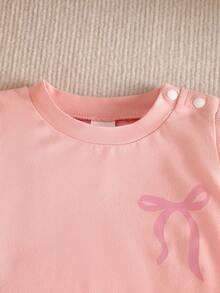 SHEIN 新生女嬰粉黑時尚套裝 短袖上衣 3D蝴蝶結可愛套裝 0-9個月寶寶適用 - 粉色 - 查看 5