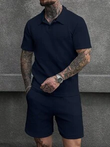 Manfinity CasualCool 男士紋理寬鬆短袖休閒 Polo 衫套裝 - 藏蓝色 - 查看 3